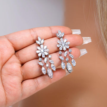 CZ Dainty Fleur d’Éclat Diamond Tassel Drop Crystal, Diamond Leaves Earrings, Long Bridal Jewelry, Bridal Earrings, Crystal Bridal Earrings